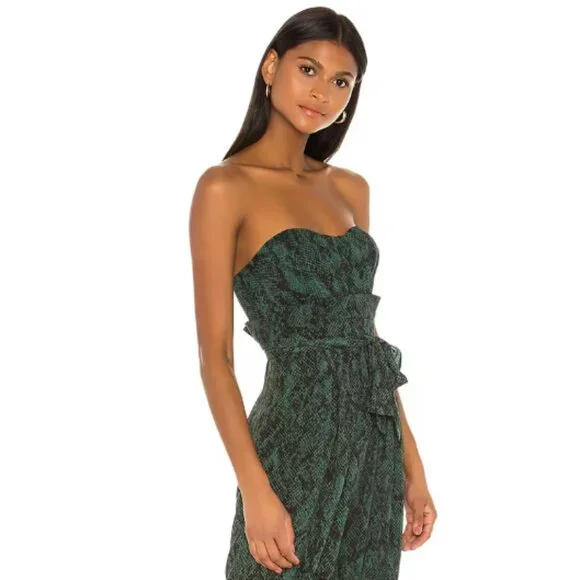 Michael Costello x Revolve Gwendolyn Green Snakeskin Print Strapless Jumpsuit